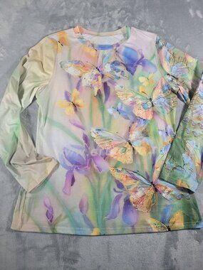 Butterfly Shirt Women's Size Large Stretchy Beautiful Soft Floral Excellent